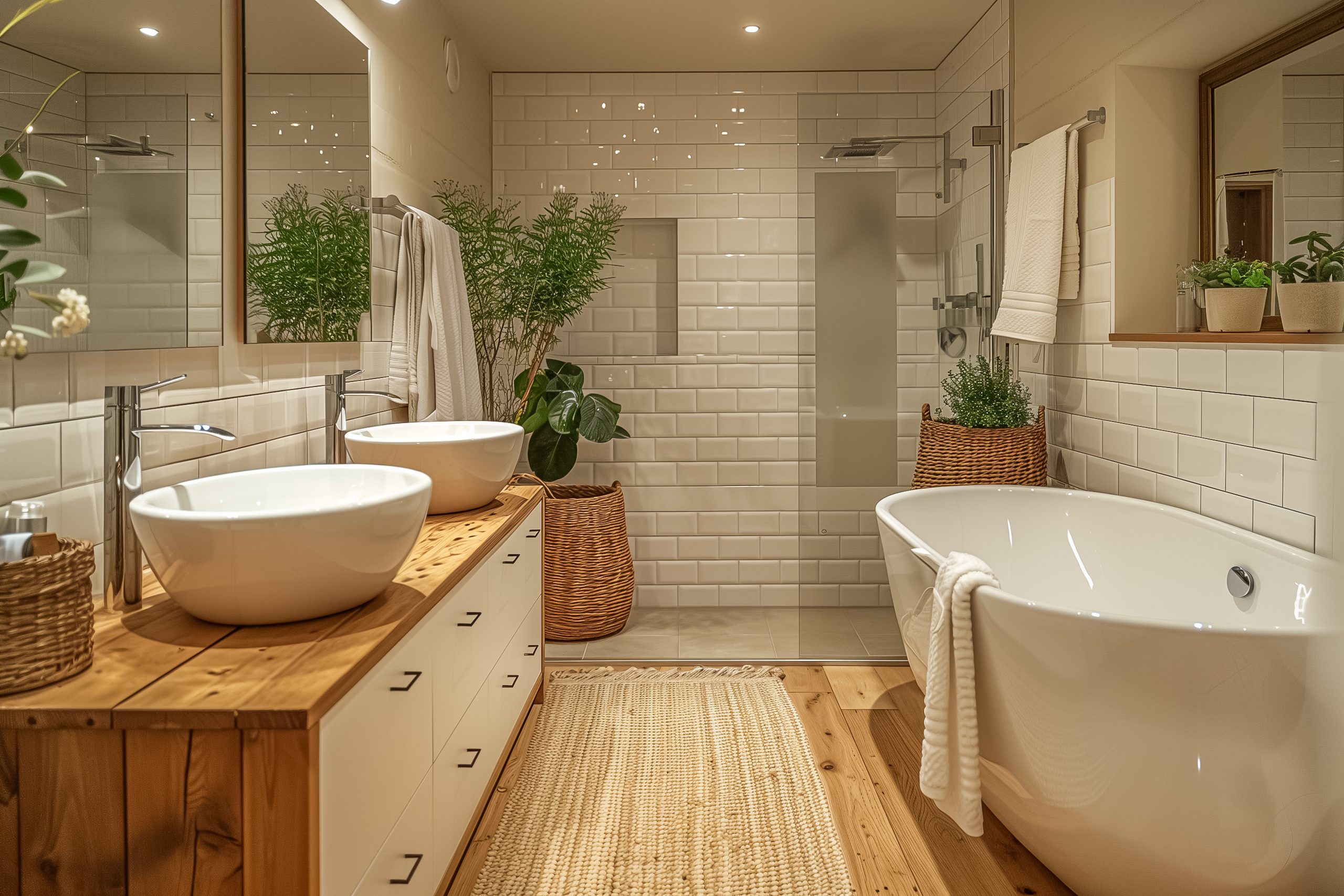 interior design of a modern bright bathroom with white ceramics and wooden fittings