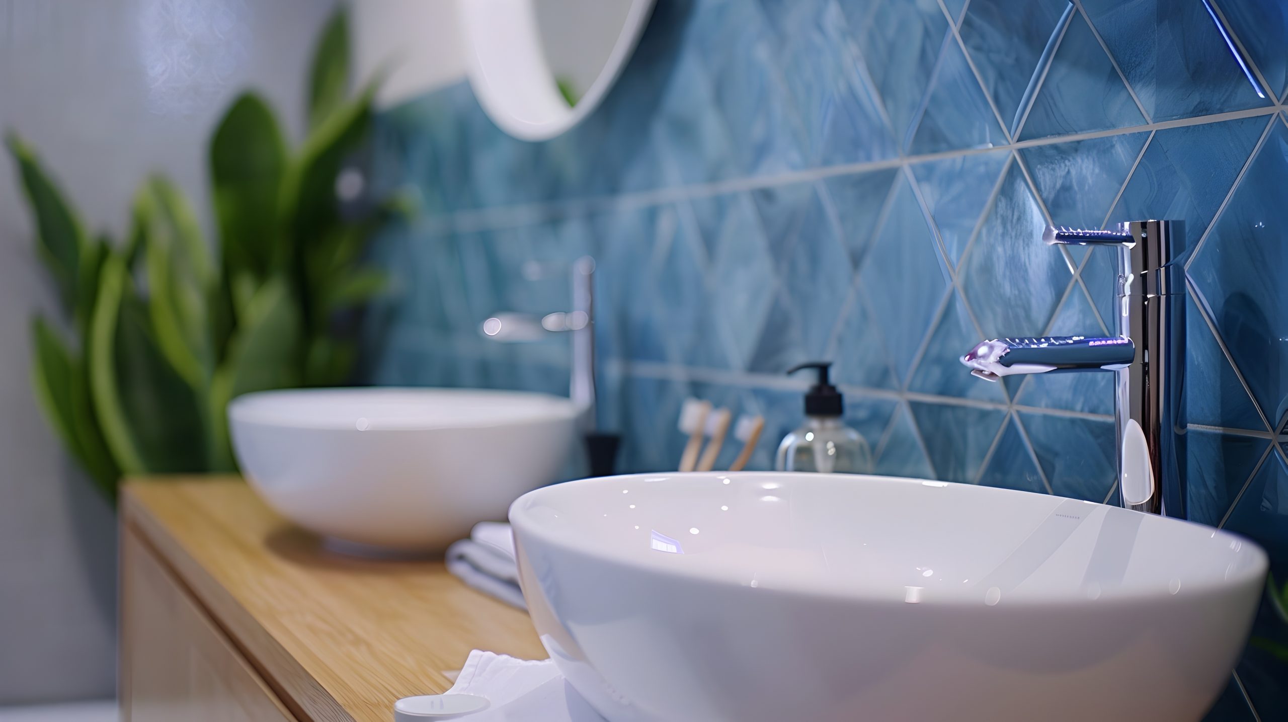 Modern Bathroom Design with Blue Geometric Tiles and Luxurious C