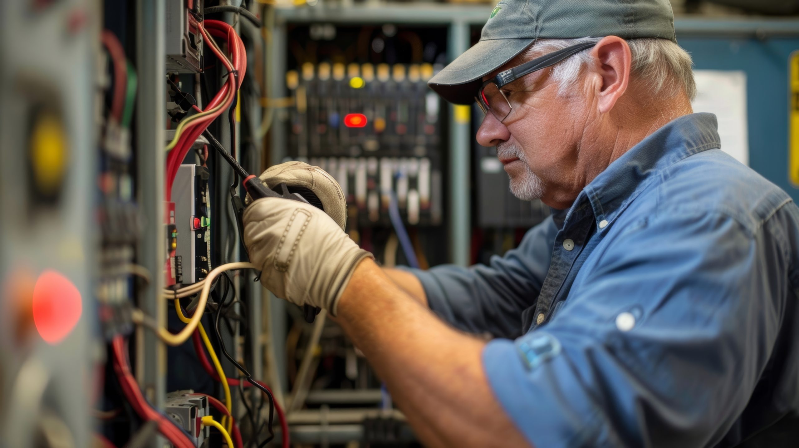 Using a voltage tester the technician odically checks the electrical wiring of a generator before it is turned on