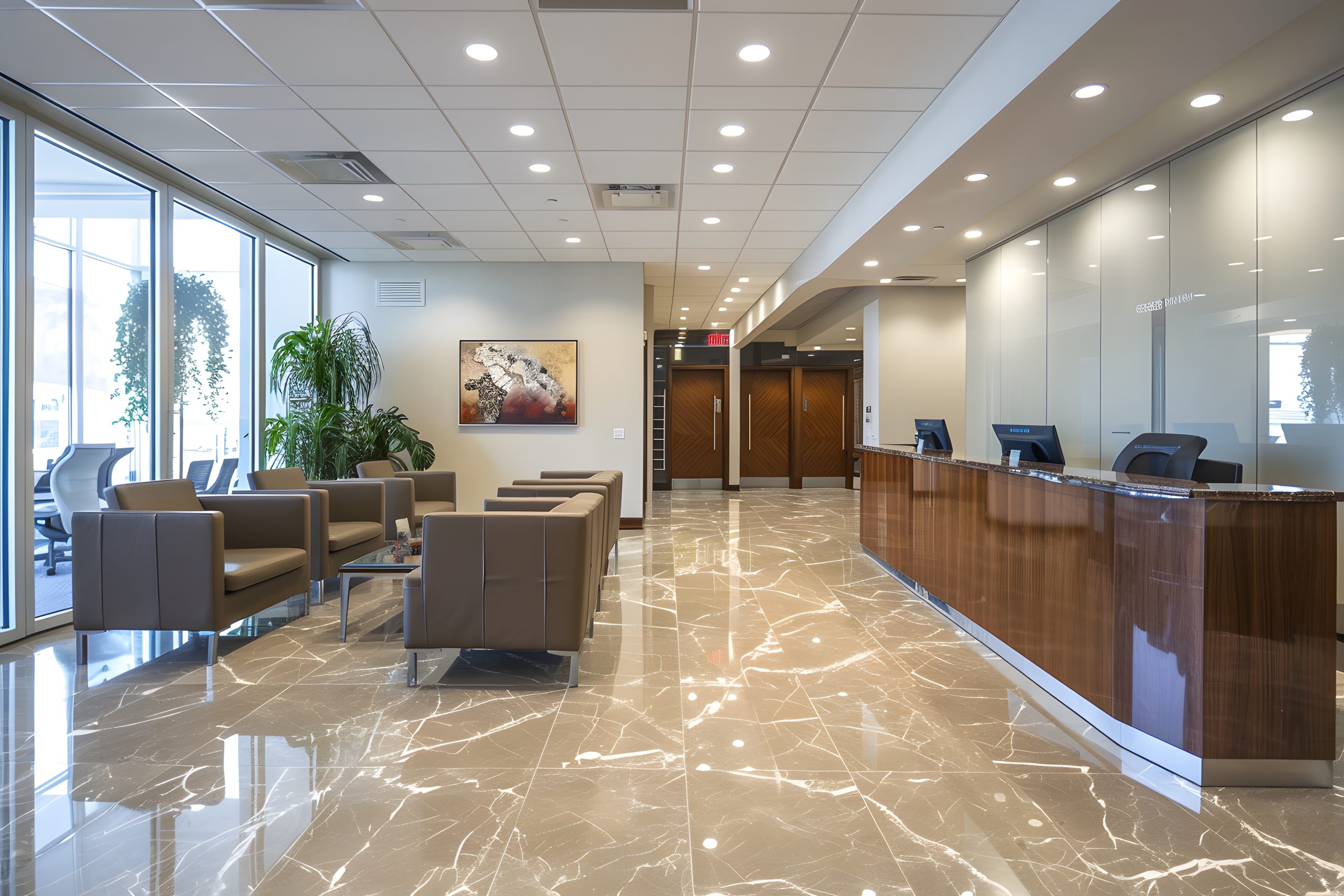 view-of-a-lobby-area-with-a-reception-counter-and-chairs_46276077